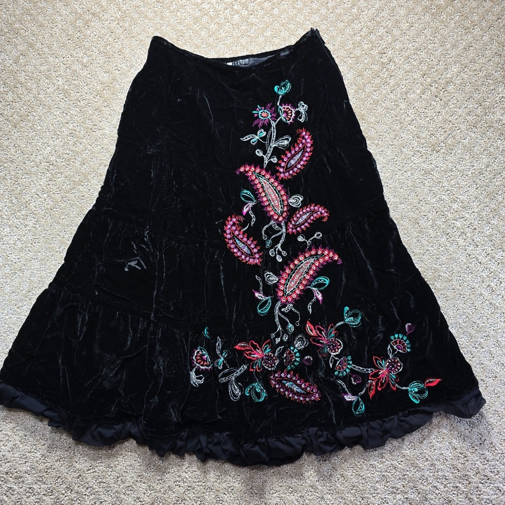 Carole Little Women's 6 Black Crushed Velvet Embroidered Paisley Maxi Skirt Boho